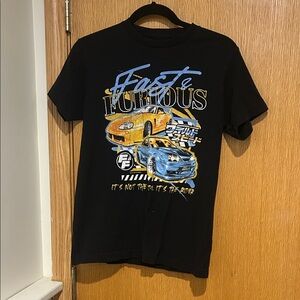 Universal Black Graphic Tee with Yellow and Blue Race Cars